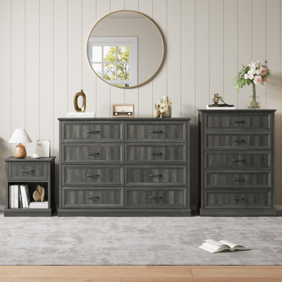 4 Pieces Bedroom Set Include 8 Drawer Dresser, 5 Drawer Tall Chest And Two Nightstands With Bookcase
