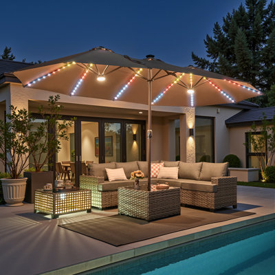 Emanuell 14.5 Ft X 8.3 Ft Rectangular Led Light Market Umbrella With Remote & App-Controlled Colour-Changing Lights And Base