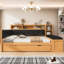 Full Wood Daybed with Trundle, Storage Shelves, Bench & Charging Station, Upholstered Headboard, Natural + Black-281829461