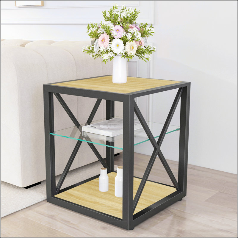 Set Of 2 Modern End Table Nightstand For Bedroom & Living Room, Tempered Glass & Natural Wood MDF Top, Industrial Style Side Table