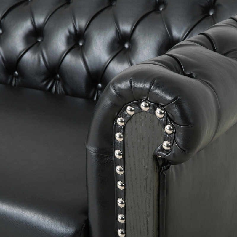Canapé Chesterfield à accoudoirs roulés de 78,75 po Anduin, Gris, Similicuir noir