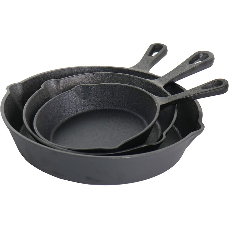 Ensemble de poêles en fonte 3 pièces pré-assaisonnées - poêles à frire robustes pour faire sauter, saisir, cuire et cuire au four, et répartir uniformément la chaleur
