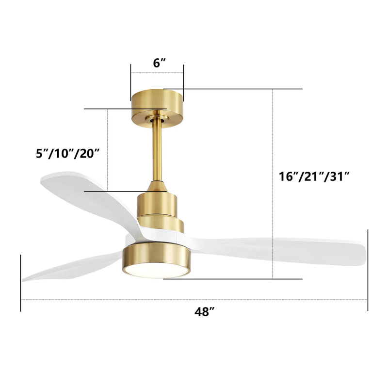 Ventilateur de plafond en bois massif 48 po avec lumières DEL Nicloe, Or, Blanc