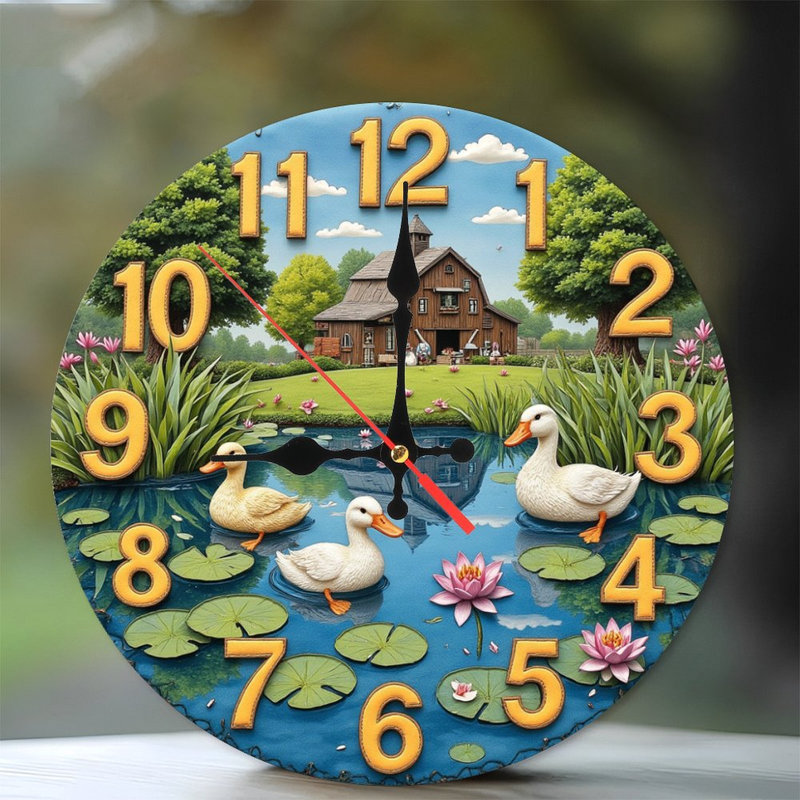 canards, étang, maison de ferme, scène d'horloge