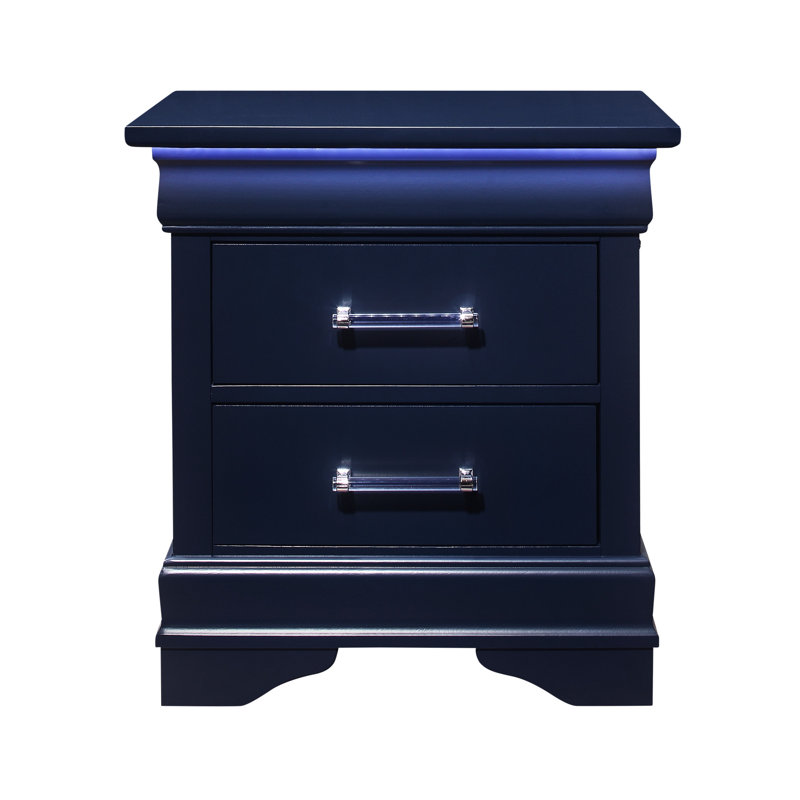 Table de chevet 2 tiroirs en bleu avec DEL - Spacieux, rangement spacieux en métal, aspect transitionnel