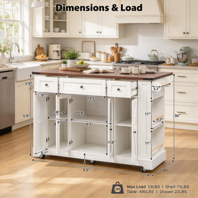 53-Inch Farmhouse Rolling Kitchen Island with Double Tempered Glass Cabinet Doors, Built-in Power Outlet, Foldable Drop Leaf, Five Side Open Shelves a