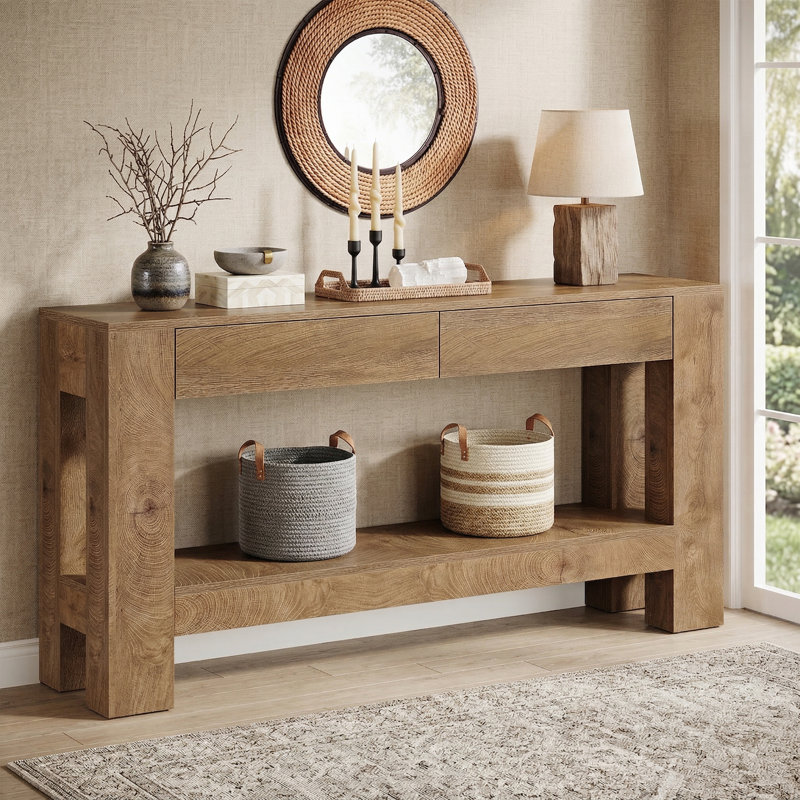 Console 63 pouces avec 2 tiroirs, table d'entrée rustique avec tablette de rangement, canapé-lit long pour le salon, couloir, vestibule, brun.