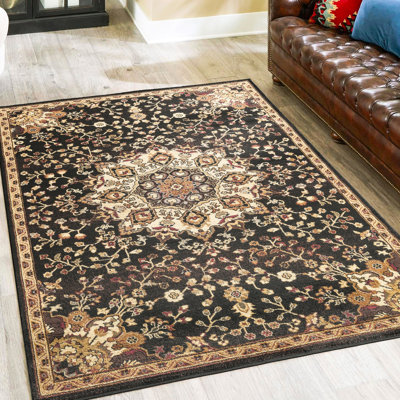 Tapis en polypropylène noir de 2,39 m x 0,91 m (7 pi 10 po x 3 po) orné d'un motif médaillon, 15,7 kg (34,63 lb), 1,1 cm (0,43 po) d'épaisseur, pour une chambre bohème élégante avec une touche classique