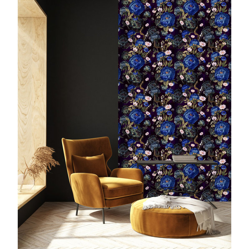 Panneau de papier peint adhésif à fleurs bleu foncé sur fond foncé L 10,4 pi x l 25 po