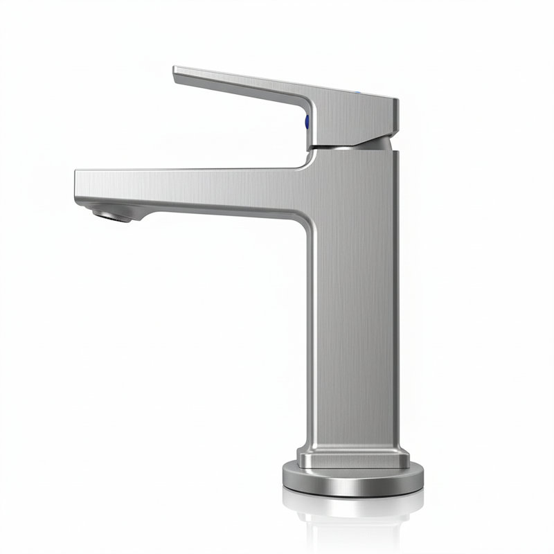 Robinet de salle de bain moderne à poignée simple avec plaque de pont, Nickel brossé