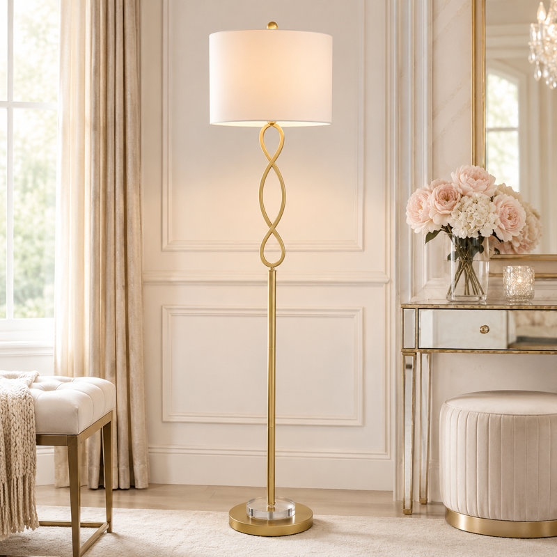  Lampe sur pied 59 po Modern Glam Gold avec éclairage à 3 intensités et abat-jour tambour en lin