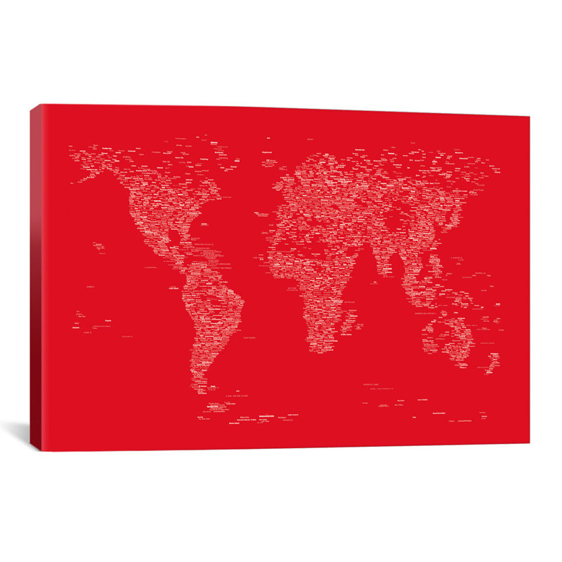«Font World Map» par Michael Tompsett, impression sur toile tendue en rouge, H 26 po x l 40 po x P 1,5 po, Toile tendue
