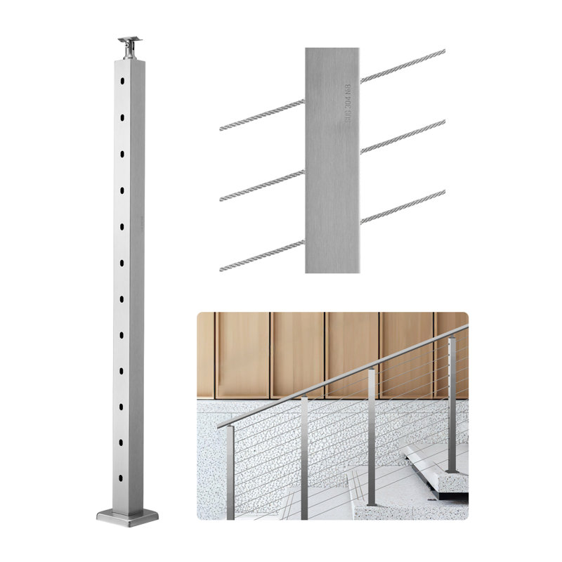 Poteau de garde-corps en câble, poteau d'escalier 42 po x 2 po x 2 po, avec trous pré-percés à angle de 30 °, poteau de chemin de fer en acier inoxydable avec support horizontal et courbé, paquet de 1
