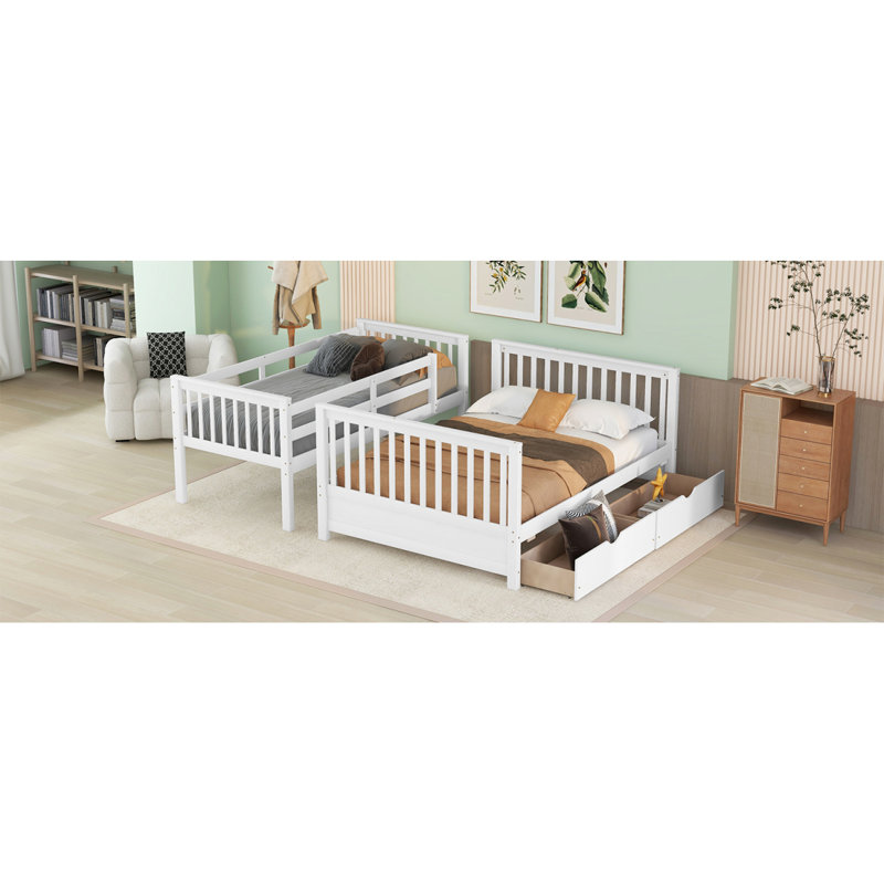 Lit superposé simple au-dessus d'un lit double avec échelles et deux tiroirs de rangement (blanc) {Old Sku: LT000165AAK}