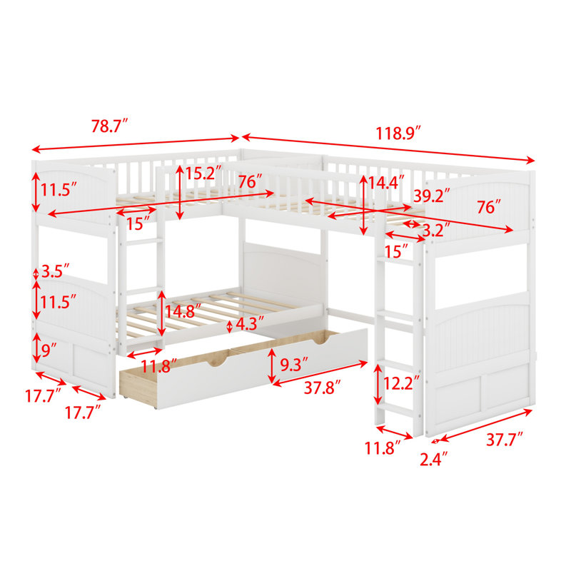 Lit superposé avec lit mezzanine attaché, avec tiroirs, blanc