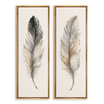 Neutral Black Beige Feather Botanical – Set of 2 Framed Wall Art Print on Canvas 60"x20"x2