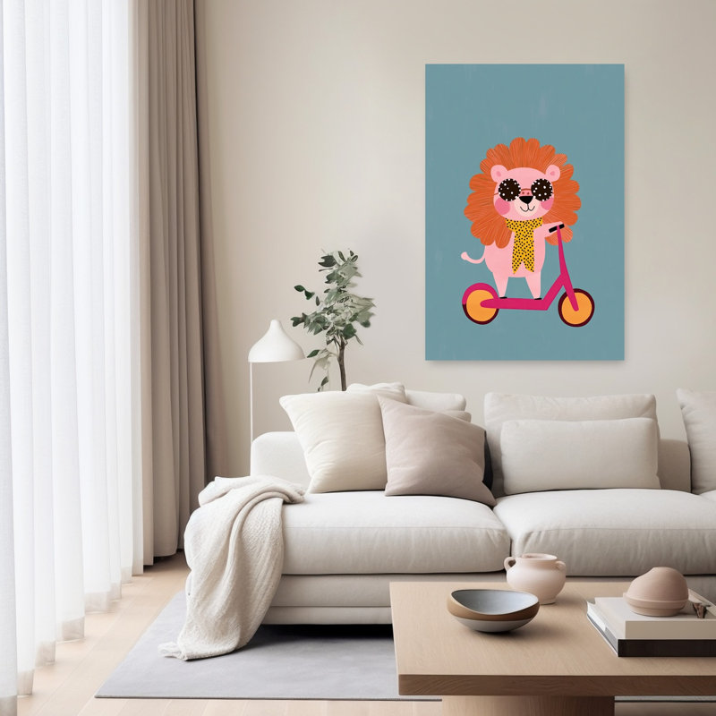 Stylish Lion On Scooter Playful Whimsical Contemporary Lion Wall Art Print by Mathieu - Wrapped Canvas Print