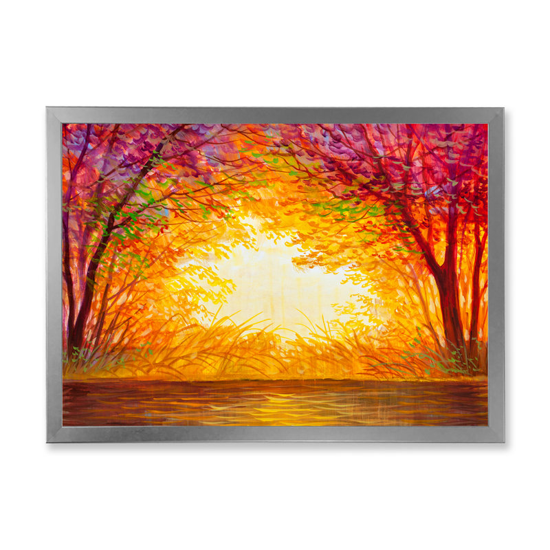 Rivière dans un paysage d'automne - œuvre d'art traditionnelle sur toile, Impression argent sur toile encadrée