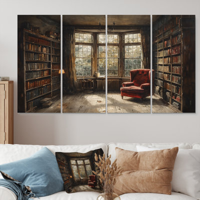 Brown Beige Vintage Library Books I - Libraries Canvas Art Set