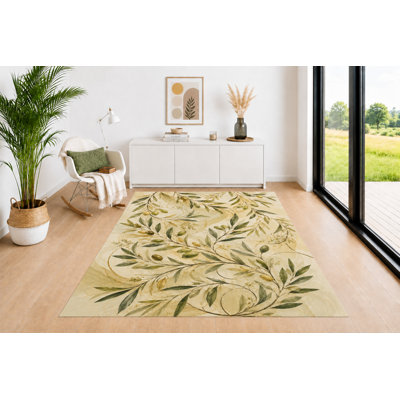 "Ultra Lightweight" 5'x7' Olive Branch Botanical Area Rug for Living Room, Soft Low Pile Indoor Rug with Non-Slip Backing, Nature Carpet for Bedroom, Dining Room, Office, Olive Green