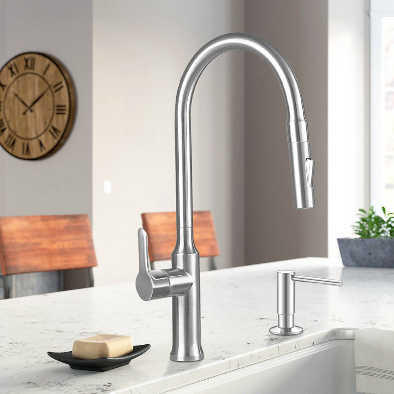 Pull Out Single Handle Kitchen Faucet with Double Function Sprayer Head, With Soap Dispenser
