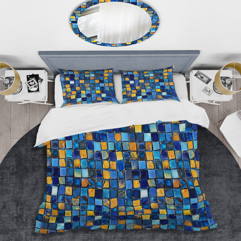 Ensemble de housse de couette moderne bleu et jaune Modern Mosaic Tiles III, Housse de couette très grand + 2 très grandes ta