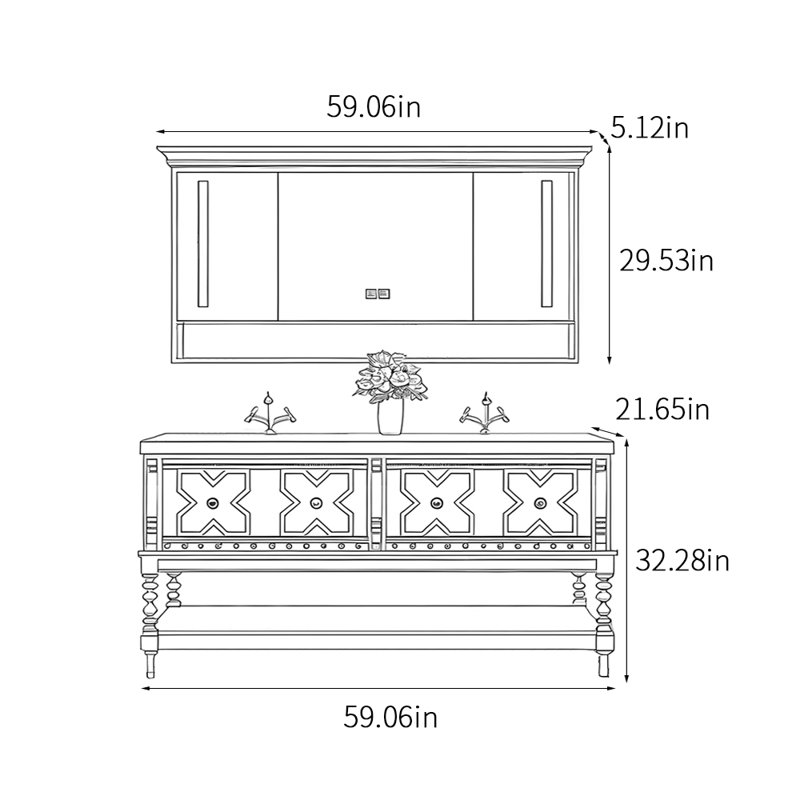 Armoire de salle de bain rétro de style français., Blanc, H 32,28 po x l 59,06 po x P 21,65 po