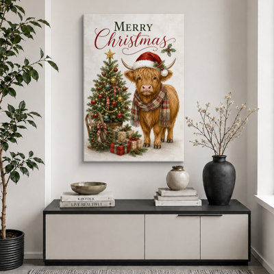 Highland Cow Christmas Holiday Artwork, Living Room Pictures, Framed Canvas Giclee Print Wall Art