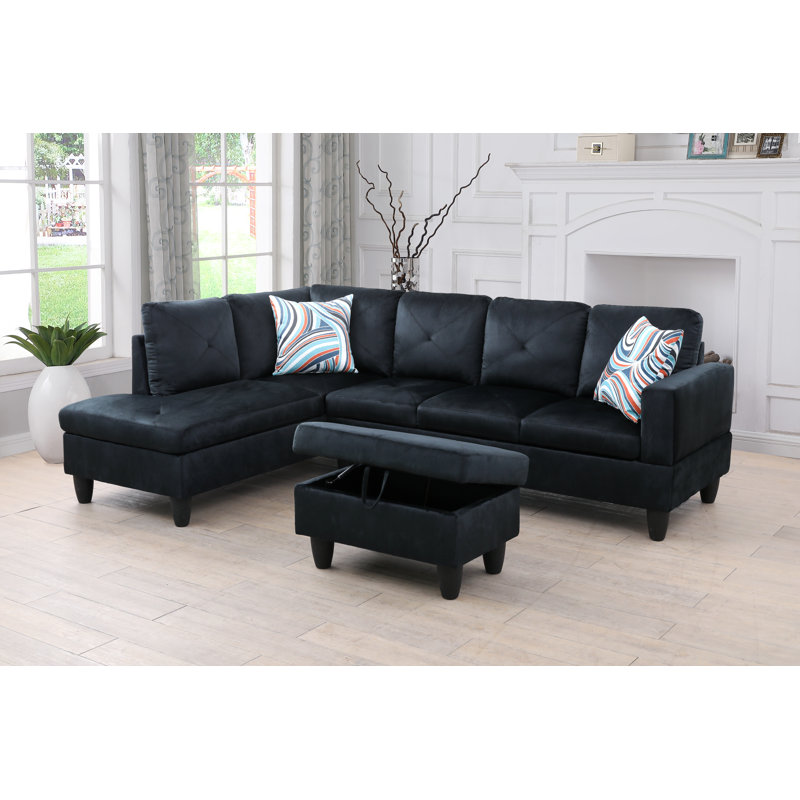 Macur Velvet L-Shaped Sectional Left Hand Facing, Black Velvet