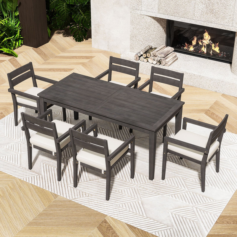 7-Piece Waterproof Outdoor Dining Set with Patio Table and 6 Upholstered Chairs, Gray