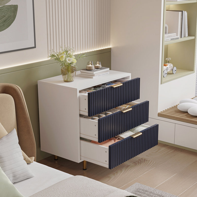 Commode à 3 tiroirs pour la chambre Dfw, table de chevet cannelée moderne (table de chevet) avec tiroirs profonds, commode à large plateau, organisateur de commode Woodenen, table d'appoint