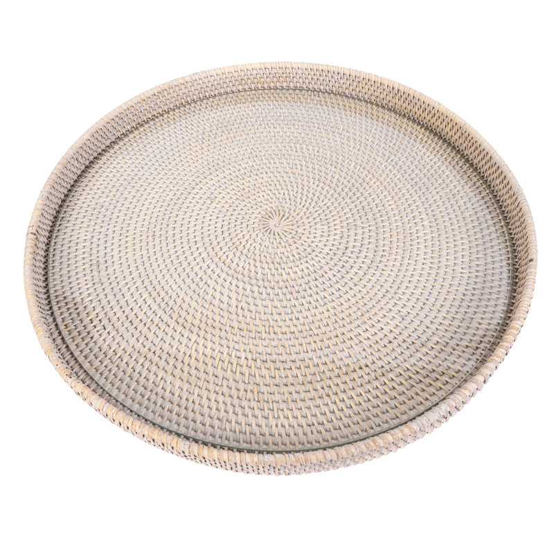 19" Round Serving-ottoman Tray With Glass Insert, 19" W x 19" D x 1.5" H, Whitewash