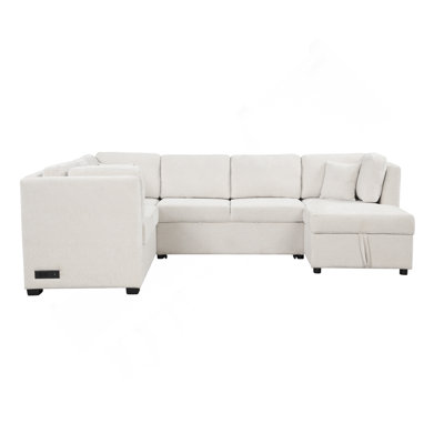 108.6" U-Shaped Sectional Sofa Pull Out Sofa Bed With Two USB Ports, Two Power Sockets, Three Back Pillows And A Storage Chaise For Living Room, Beige
