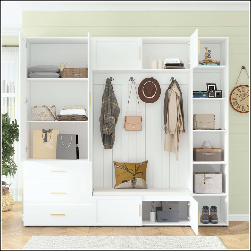 American Style 4-in-1 Hall Tree with Padded Bench & Adjustable Shelves, Ancient White
