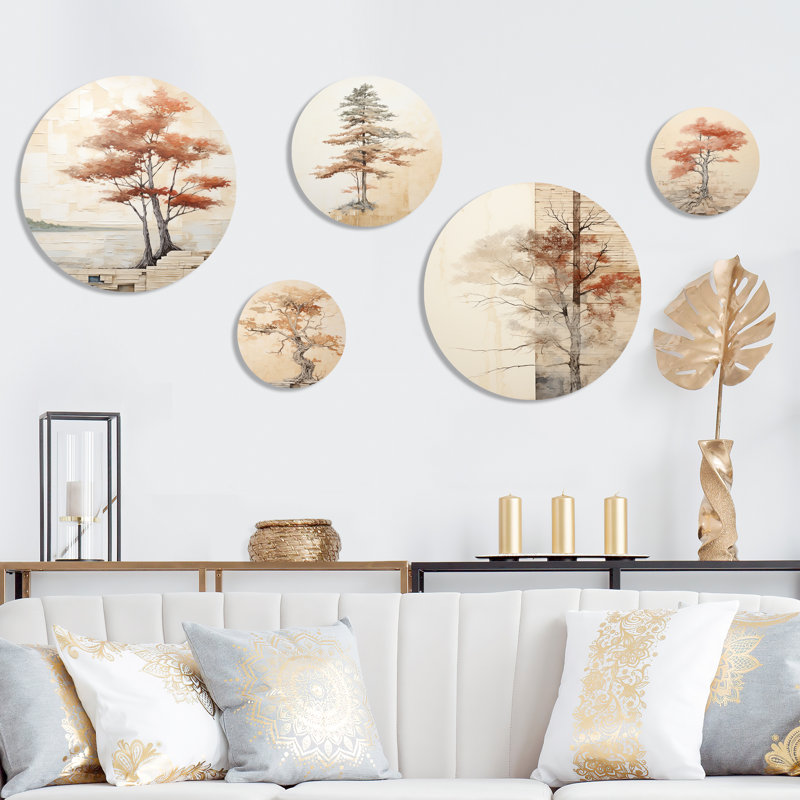 Minimalisme, séquoia beige, arbre rouge, séquoia, ensemble d'art mural rond de 5