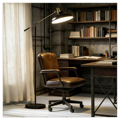 Industrial Adjustable Floor Lamp, Black and Gold Metal Standing Light for Living Room
