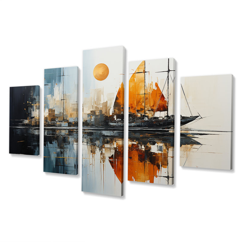 «Moonlight Saiboat Collage Horizon III - Bateau à voile, ensemble d'art mural multi-panneaux