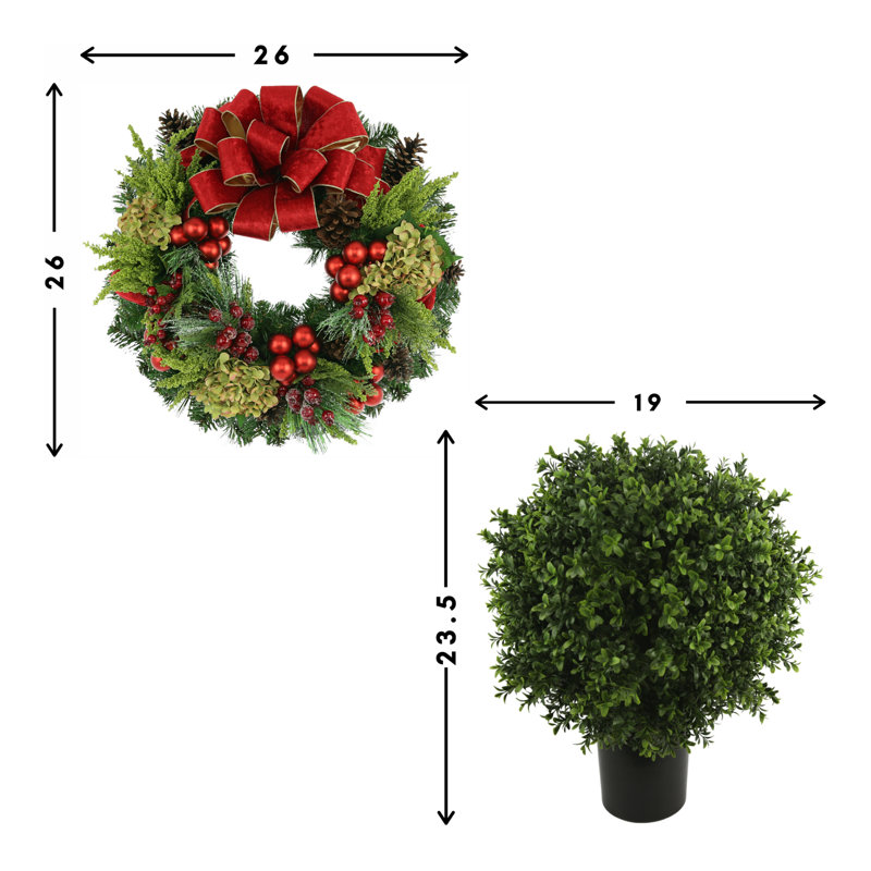 26" Holiday Wreath and Two UV Rated Boxwood Topiary Drop-Ins