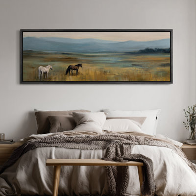 Peaceful Horses in Open Meadow Landscape Framed Print Wall Art