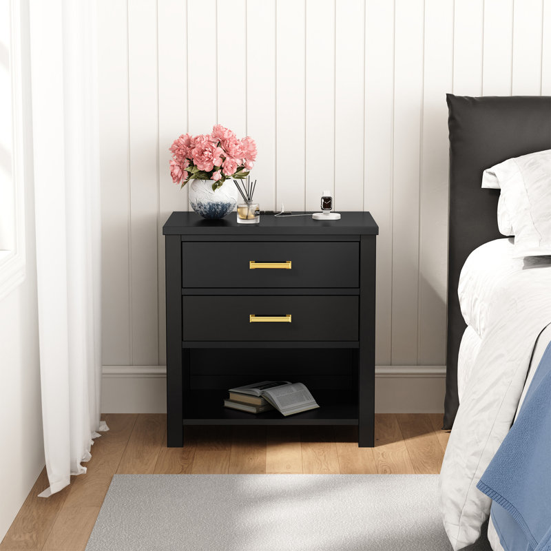 2 Drawers Solid Wood Nightstand With Storage, Open Shelf, 2 Power Outlets, 1 Usb Port, And 1 Type C Port, Black
