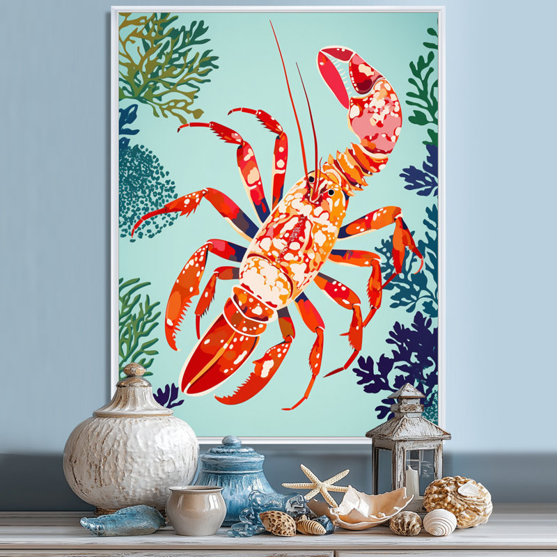 Deep Sea Lobster Retro Illustration - Art mural homard, Toile flottante blanche encadrée, H 20 po x l 12 po