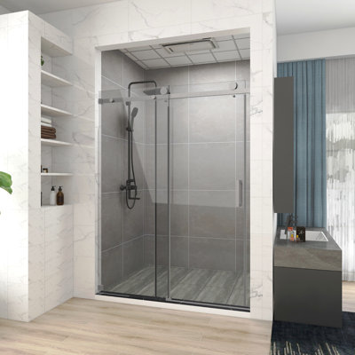 60 po X P 76 po H Porte de douche coulissante simple sans cadre avec finition en nickel brossé et verre transparent