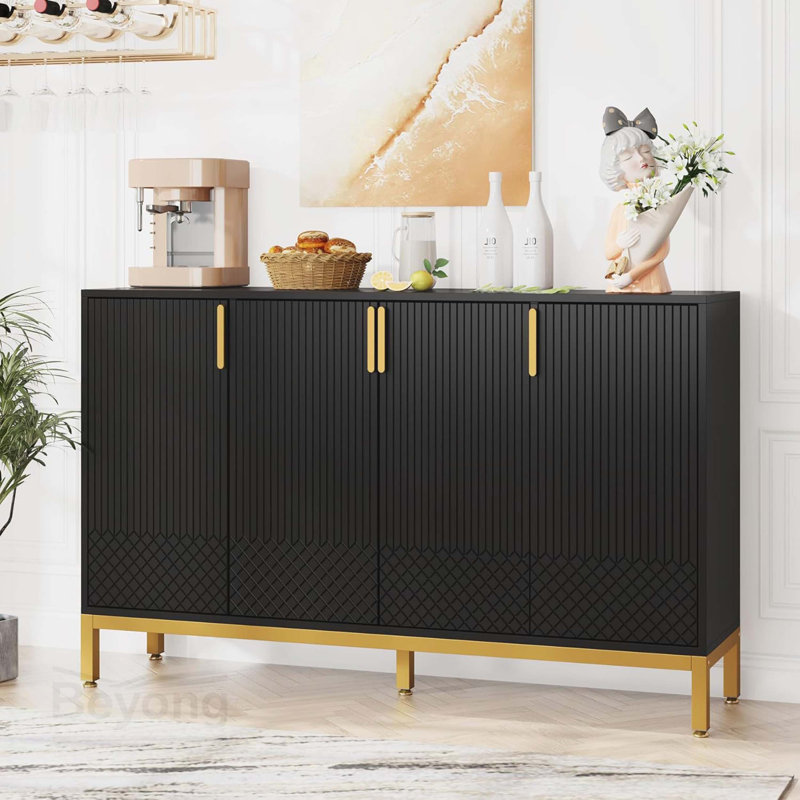 Buffet 59,74 "de luxe noir et or avec rangement et portes géométriques