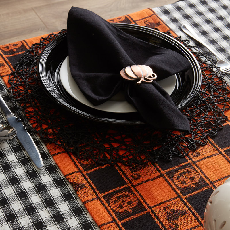Halloween Orange and Black Cotton Check Table Runner, 72"