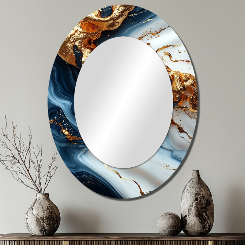 Géode abstraite dorée et bleue forme de marbre III - Miroir décoratif abstrait ovale sur métal, 40 po x 30 po