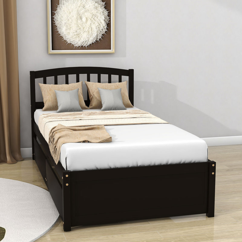 Lit plateforme simple à 2 tiroirs avec tête de lit, Espresso