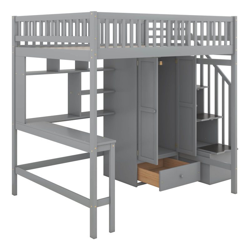 Lit mezzanine double avec tiroirs Jamesy Kids, gris