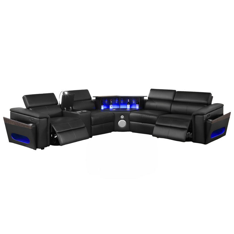Smart Lounge Power Reclining Sectional Sofa with LED Reading Light Console, USB & Wireless Charging, Black Polyurethane
