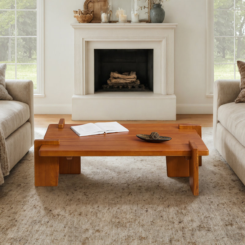 Solid Ash Wood Coffee Table, Minimalist Medieval Style, Natural Wood Grain, Orange
