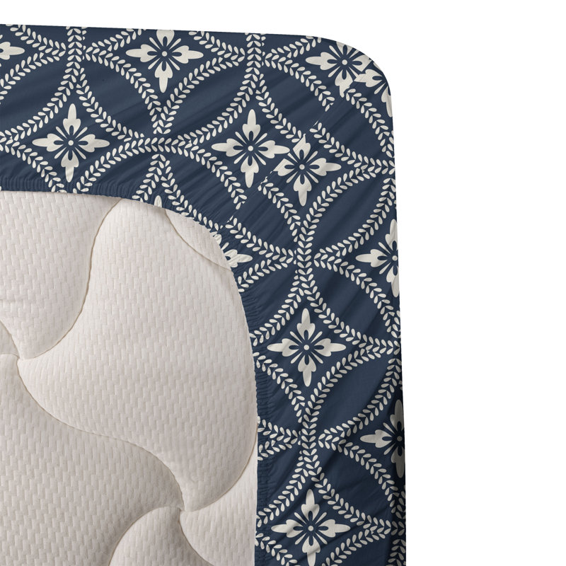 Ambesonne Watercolor Botany Sheet Set 4 Pcs Retro Boho Bloom, Queen Sheet Set with 2 Pillowcases, Dark Blue Cream Geometric